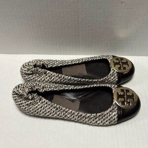 Tory Burch Black & White Tweed Logo Cap-Toe Flats with Gold Medallion
